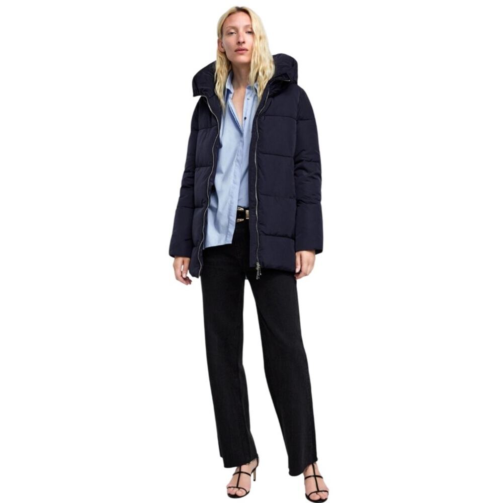 ZARA Down Navy Blue Funnel Neck Water Repellant Hooded
Puffer Anorak Coat Size S